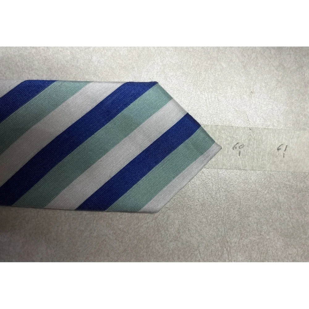 Wembley Green Blue White Striped Tie Men's Silk/Linen Blend Necktie 59.5